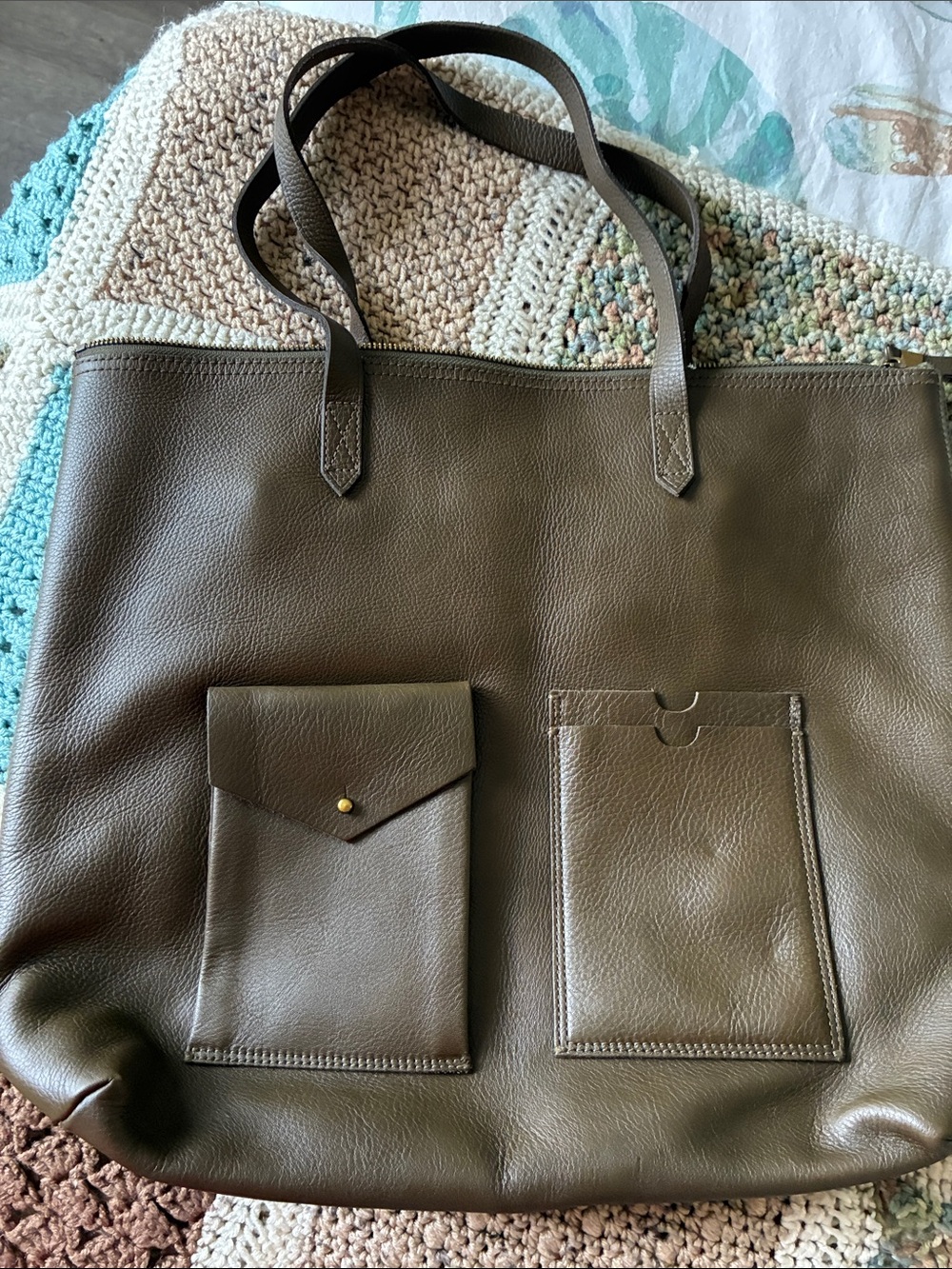 Madewell Olive Green Leather Tote with Front Pockets